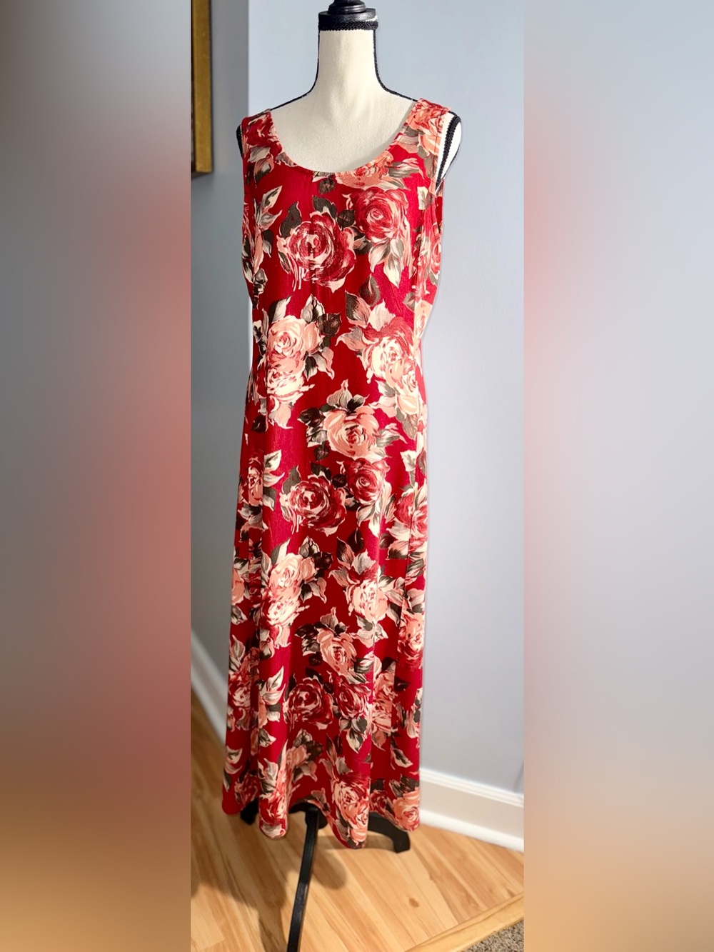 Vintage Express Red Floral Midi Dress Sz 9/10 90s Grunge Cottagecore Slip Dress